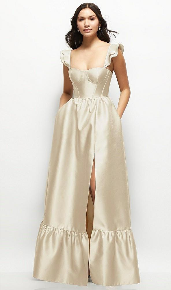 satin corset maxi dress with ruffle straps & skirt