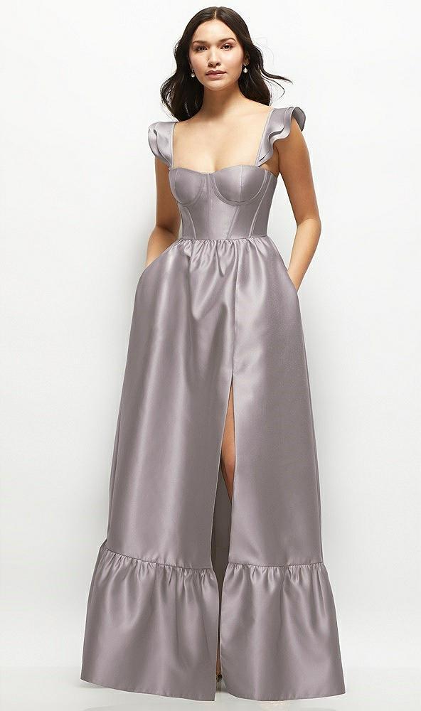 satin corset maxi dress with ruffle straps & skirt