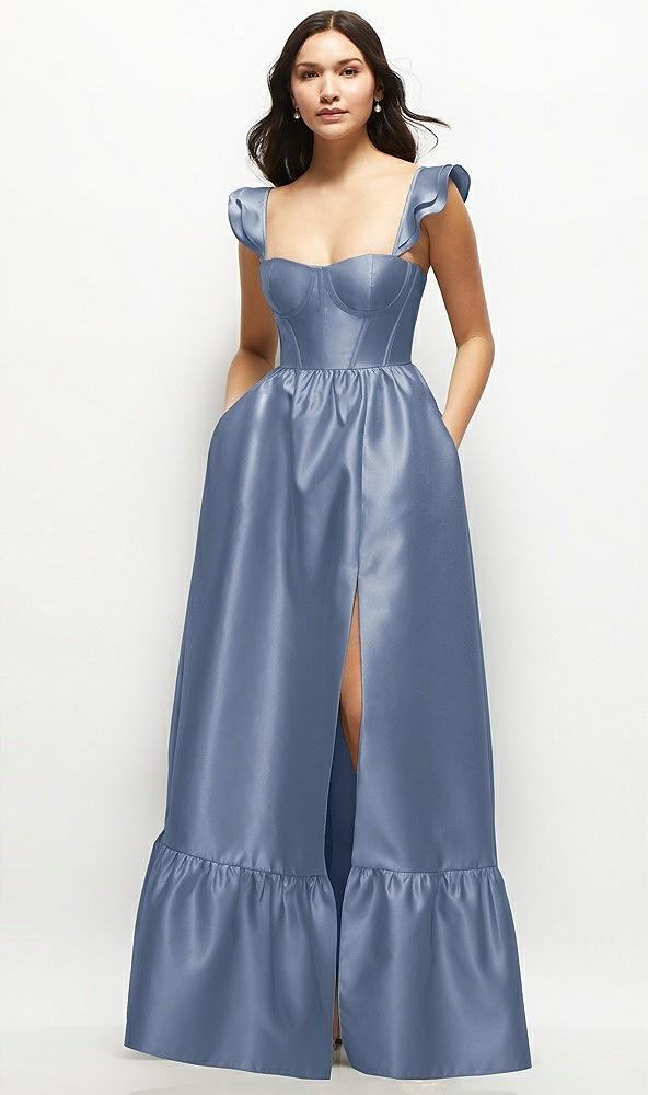 satin corset maxi dress with ruffle straps & skirt