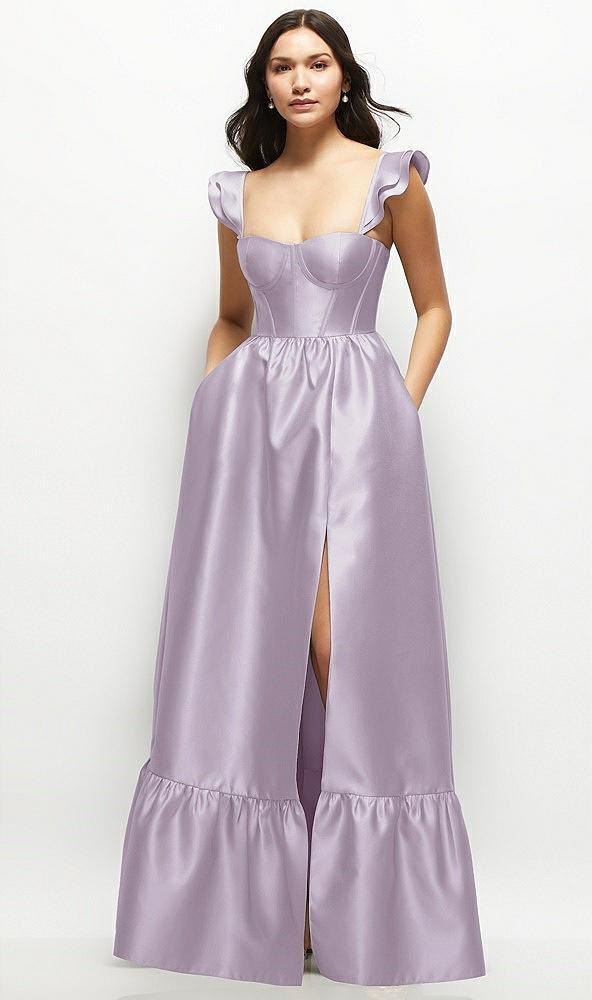 satin corset maxi dress with ruffle straps & skirt