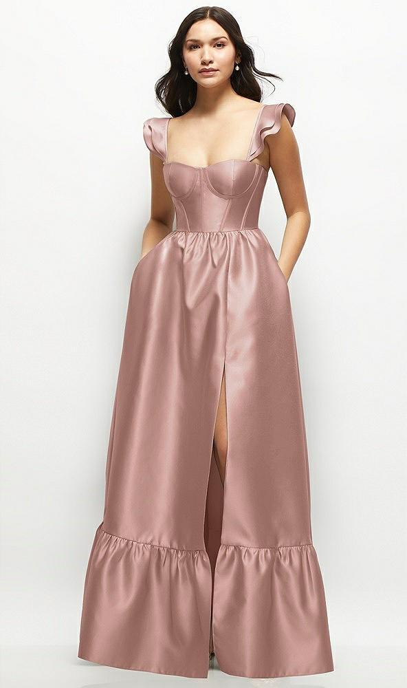 satin corset maxi dress with ruffle straps & skirt