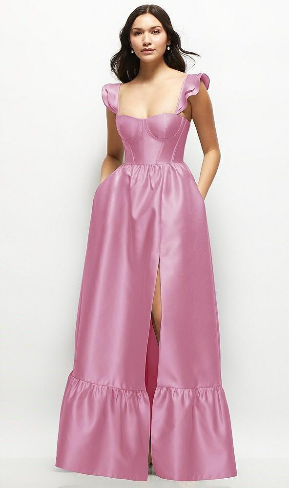 satin corset maxi dress with ruffle straps & skirt