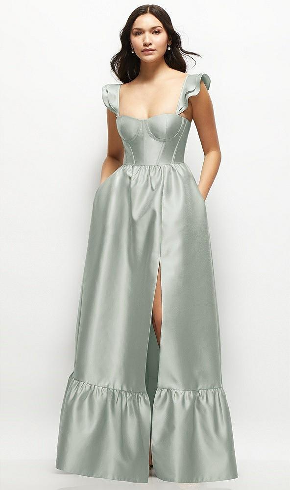 satin corset maxi dress with ruffle straps & skirt