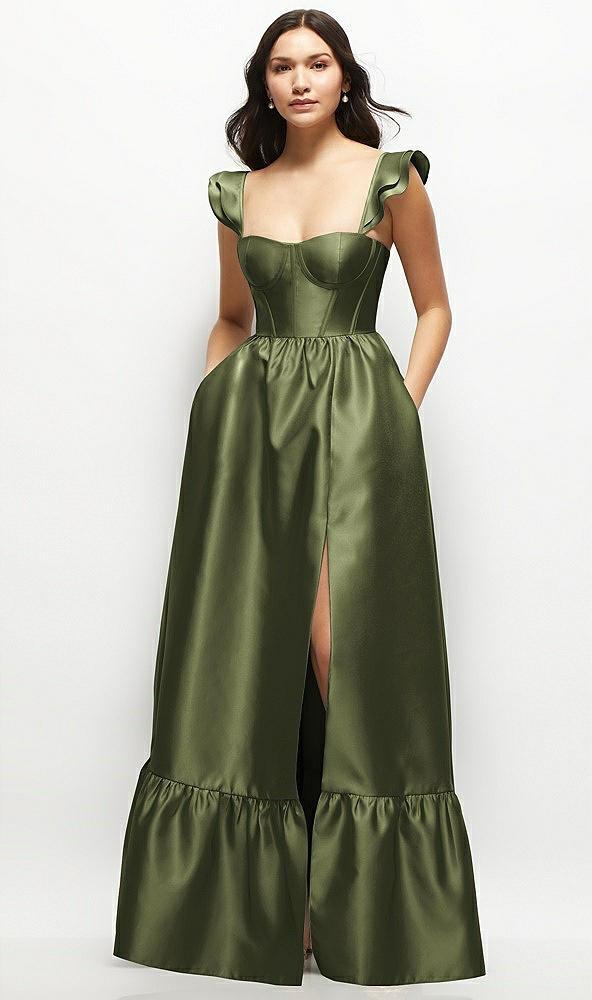 satin corset maxi dress with ruffle straps & skirt