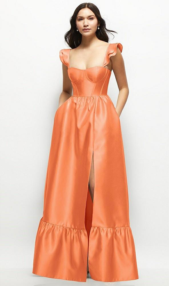 satin corset maxi dress with ruffle straps & skirt