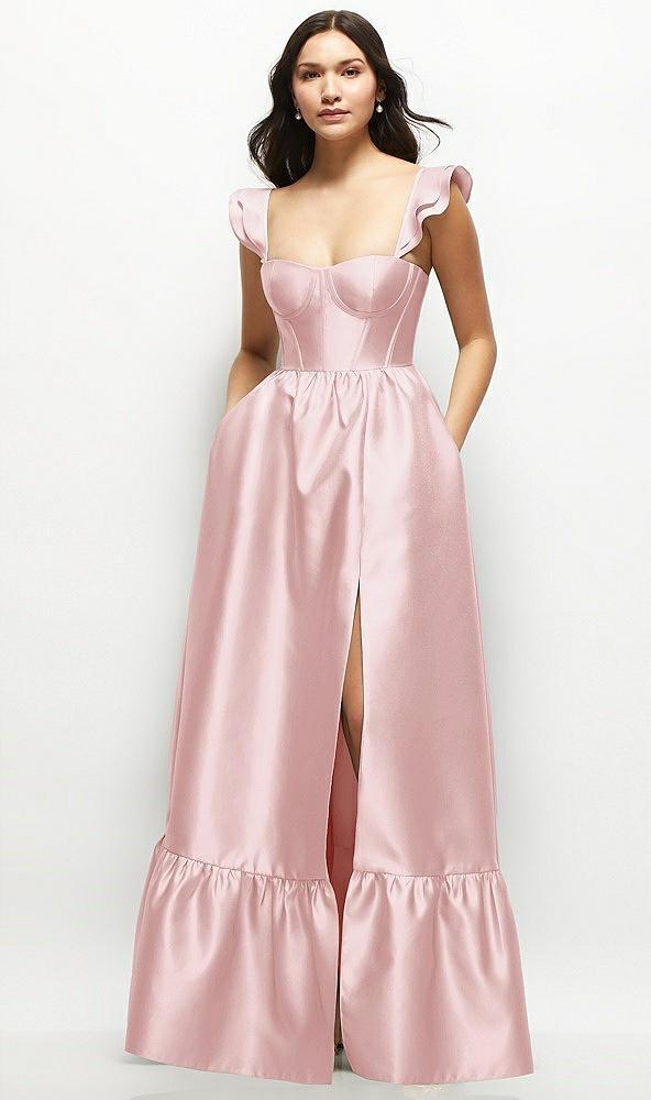 satin corset maxi dress with ruffle straps & skirt