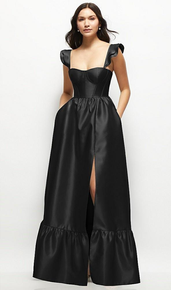 satin corset maxi dress with ruffle straps & skirt