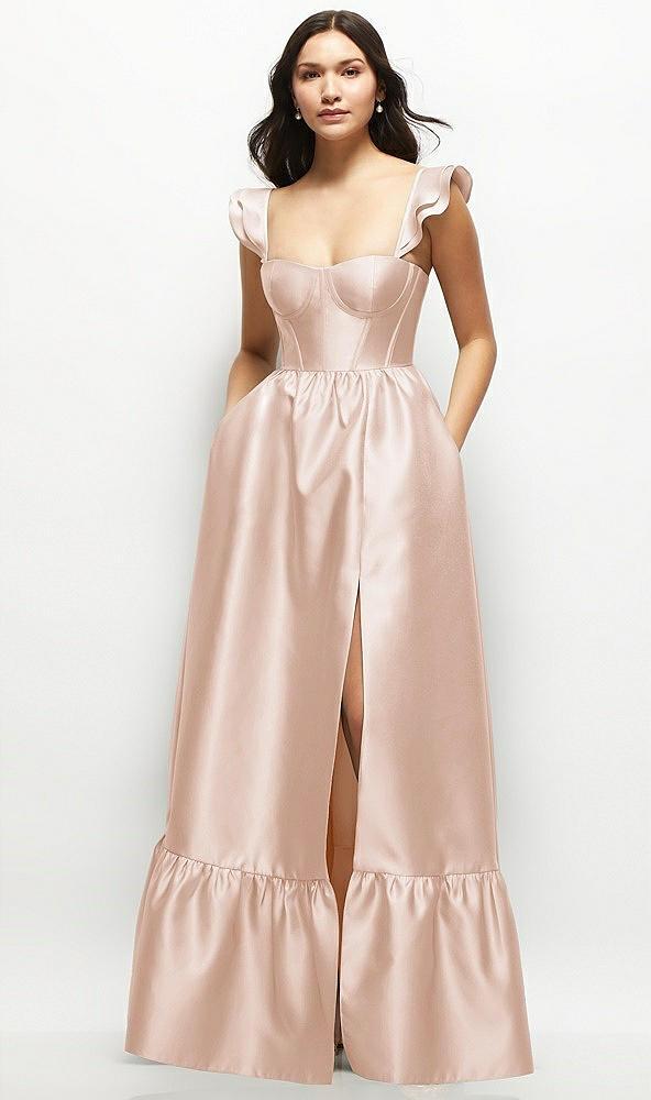 satin corset maxi dress with ruffle straps & skirt