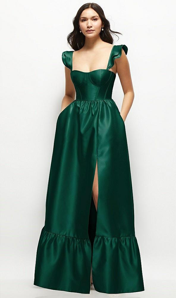 satin corset maxi dress with ruffle straps & skirt