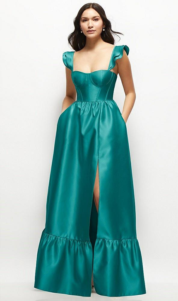 satin corset maxi dress with ruffle straps & skirt