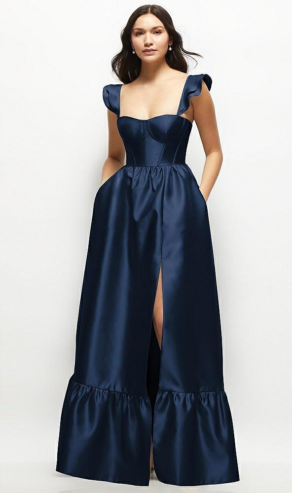 satin corset maxi dress with ruffle straps & skirt