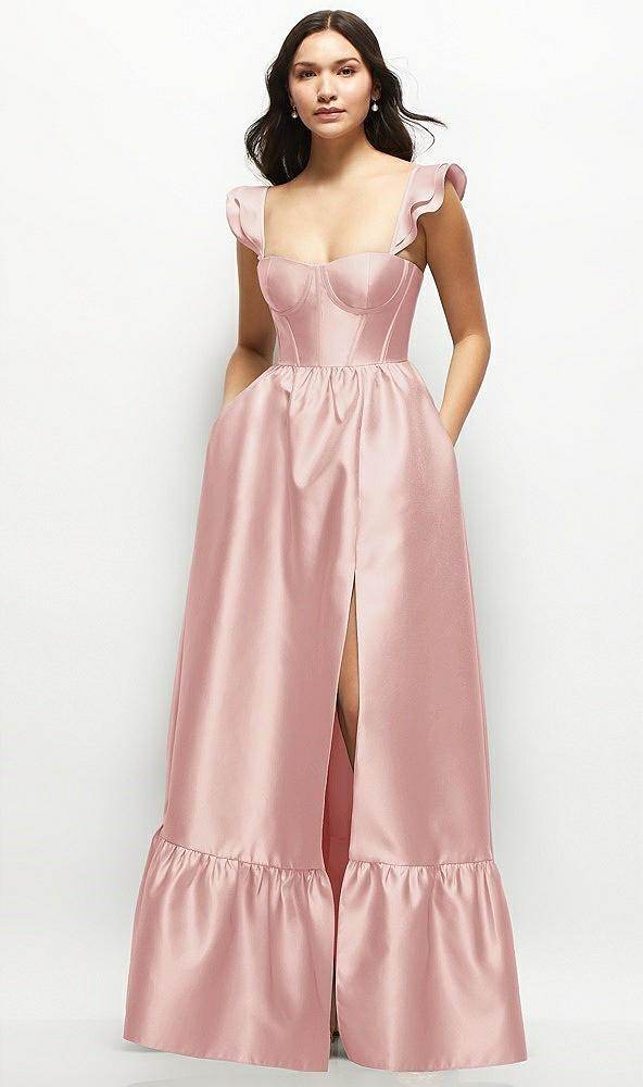 satin corset maxi dress with ruffle straps & skirt