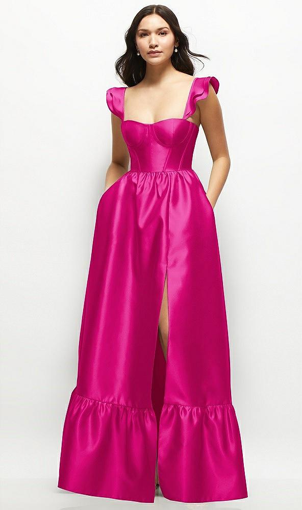satin corset maxi dress with ruffle straps & skirt