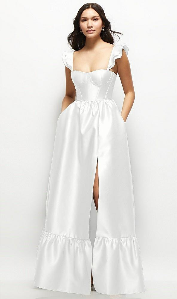 satin corset maxi dress with ruffle straps & skirt