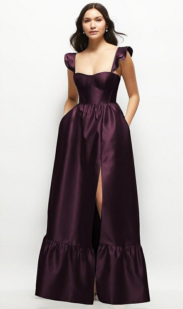satin corset maxi dress with ruffle straps & skirt