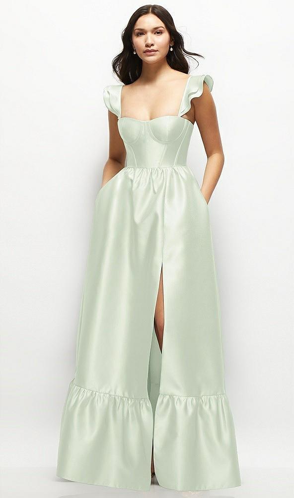 satin corset maxi dress with ruffle straps & skirt