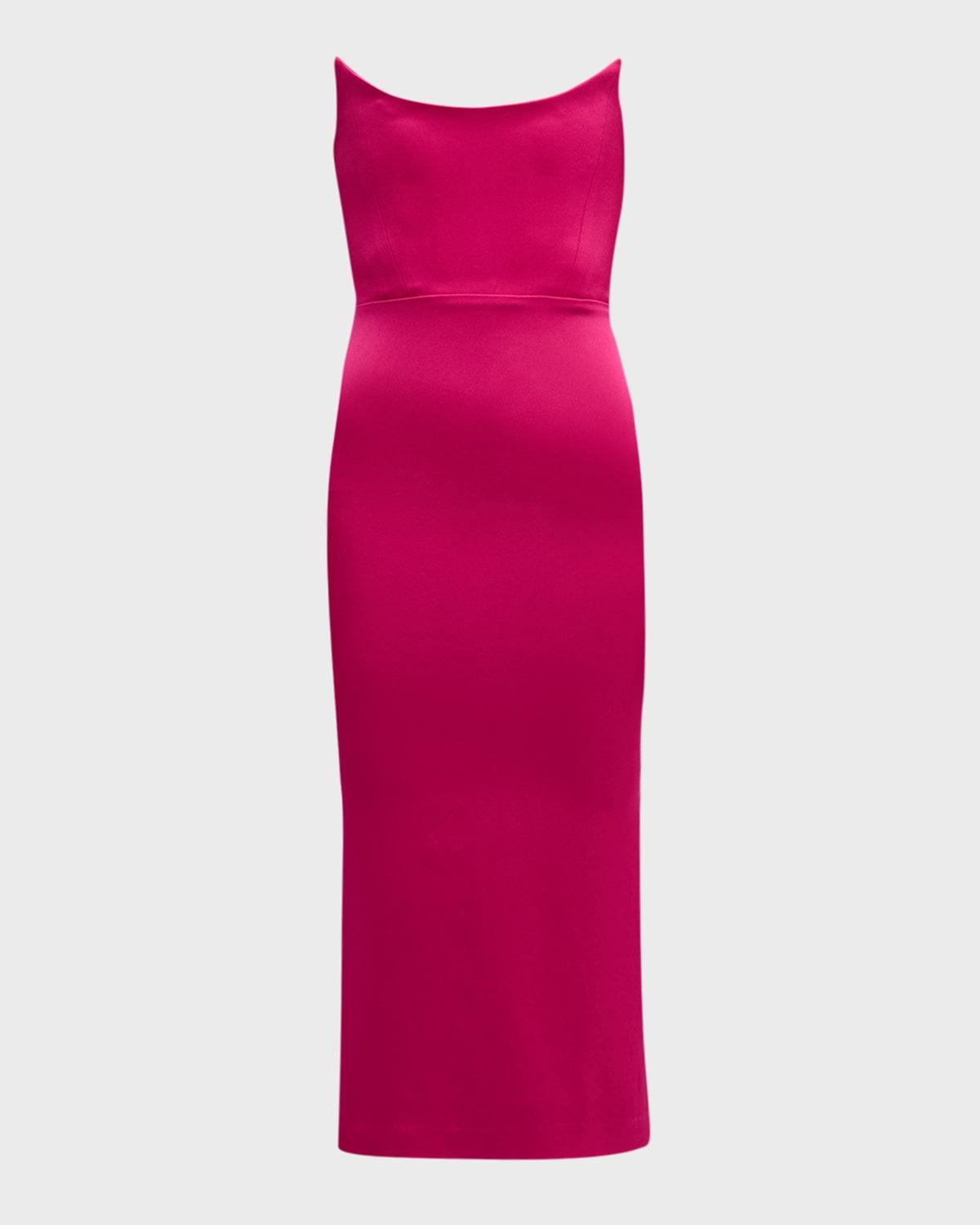 satin crepe curved strapless midi dress