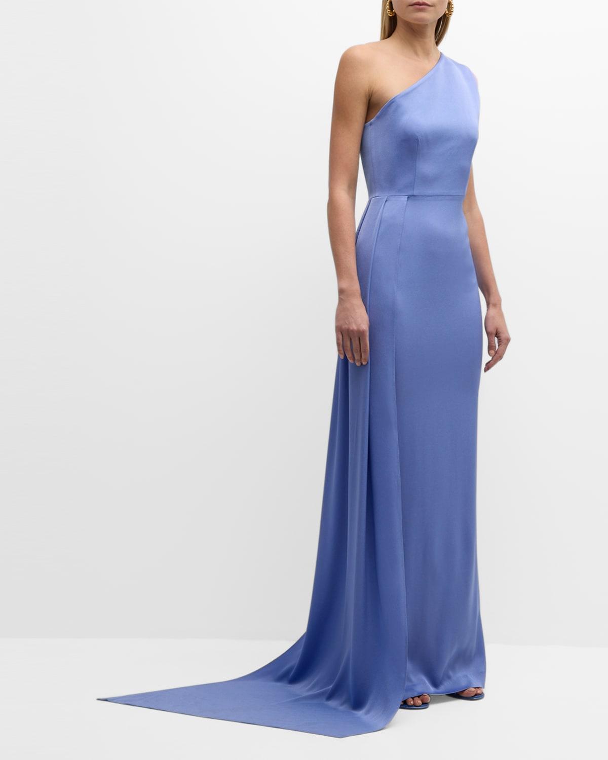 satin crepe one-shoulder column gown with sash