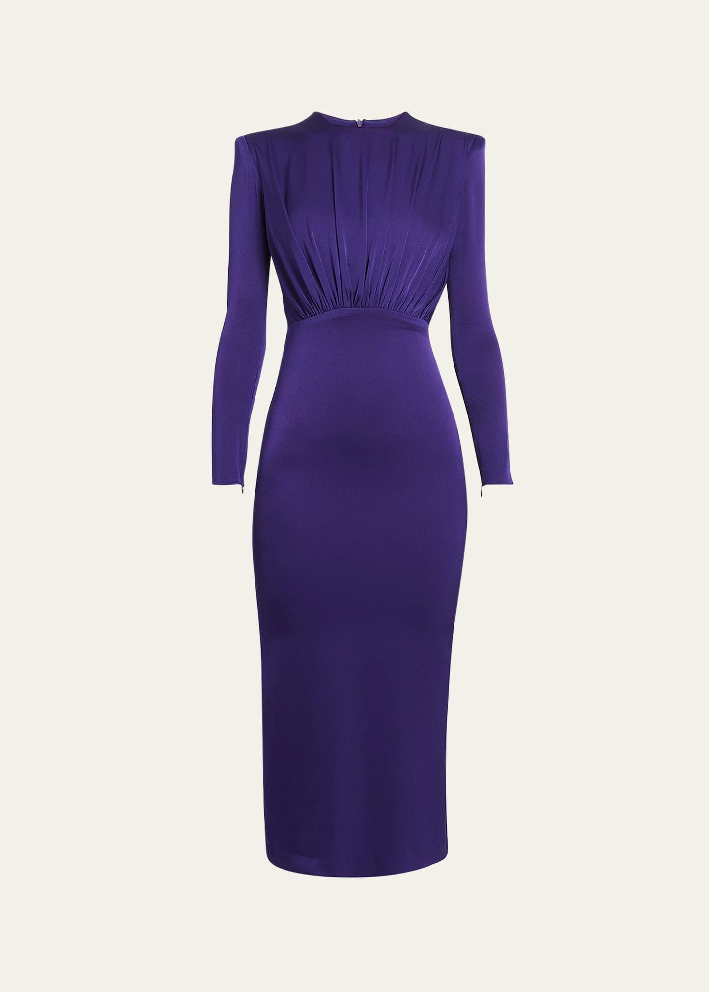 satin crepe ruched midi dress