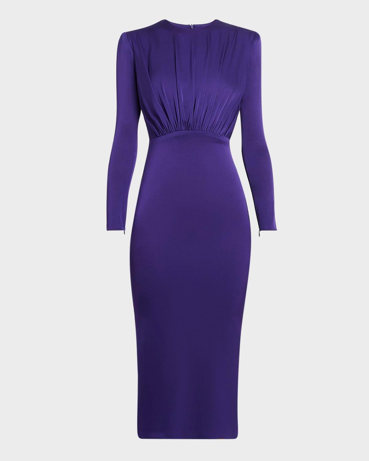 satin crepe ruched midi dress