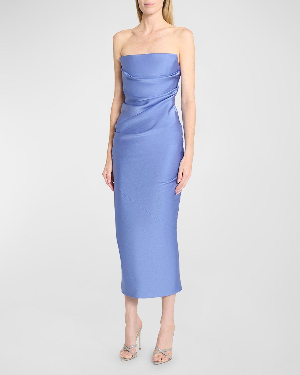 satin crepe strapless draped midi dress