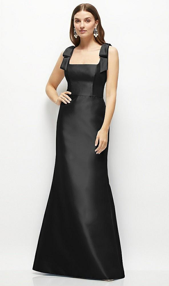 satin fit and flare maxi dress with shoulder bows