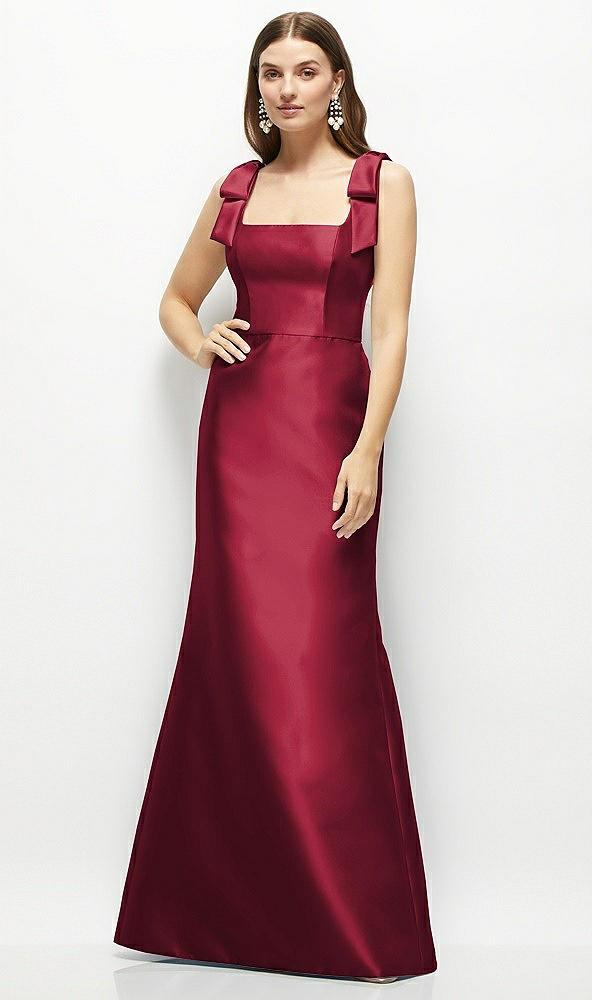 satin fit and flare maxi dress with shoulder bows