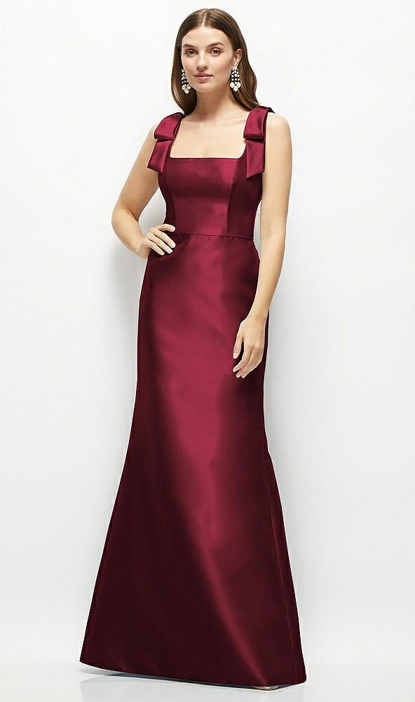 satin fit and flare maxi dress with shoulder bows