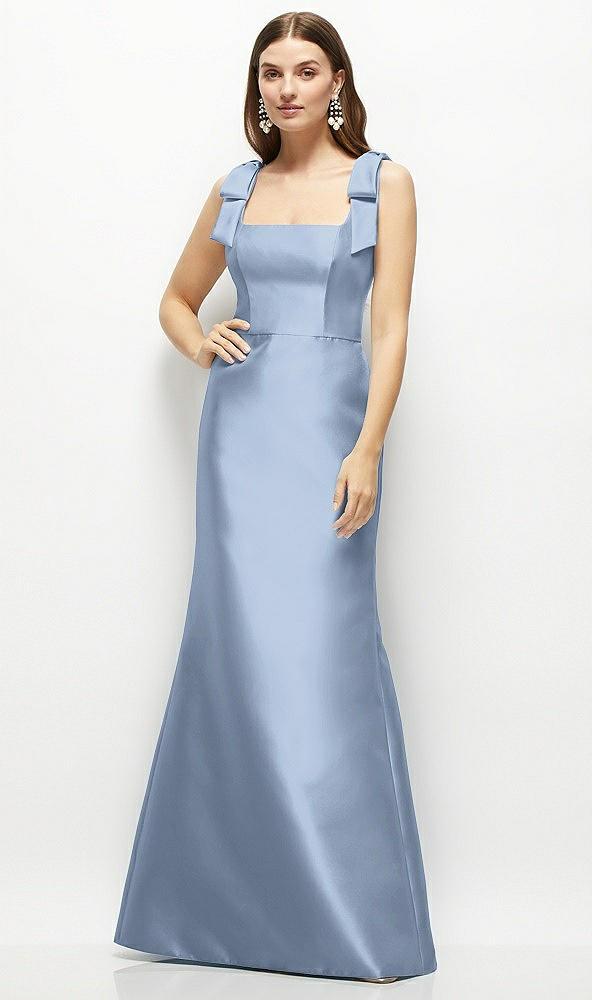 satin fit and flare maxi dress with shoulder bows