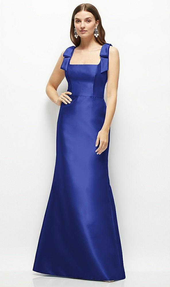 satin fit and flare maxi dress with shoulder bows