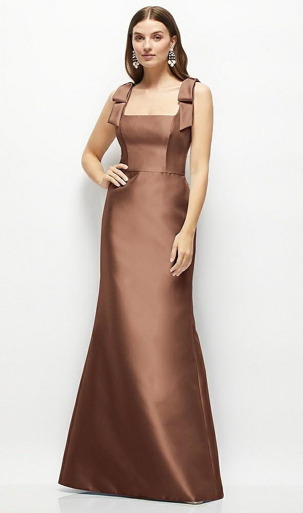 satin fit and flare maxi dress with shoulder bows