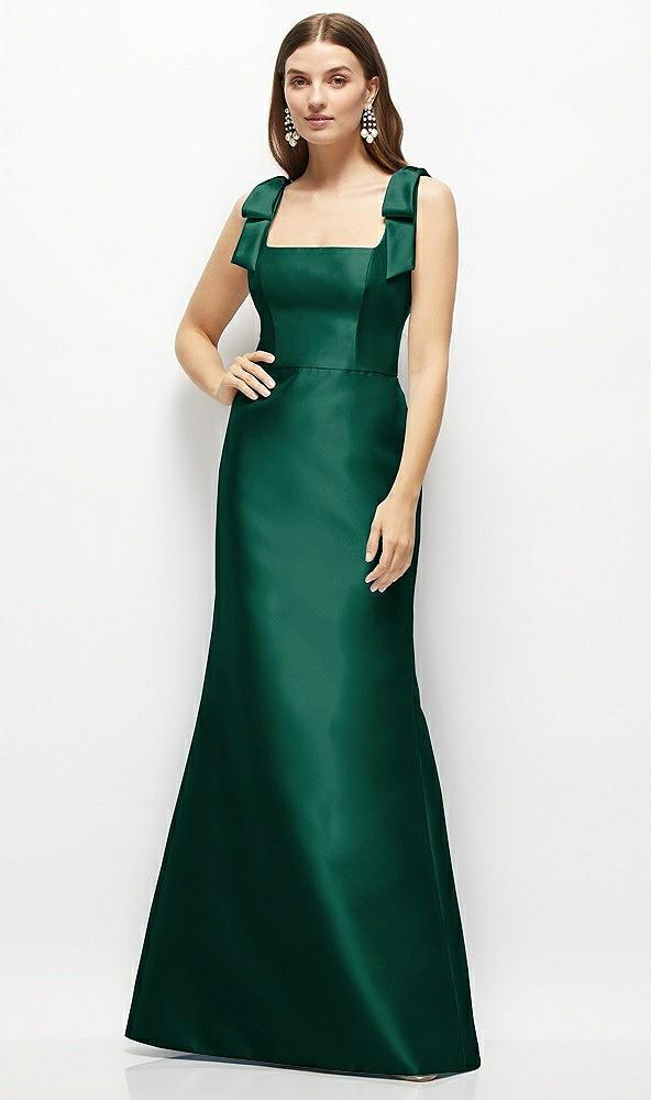 satin fit and flare maxi dress with shoulder bows