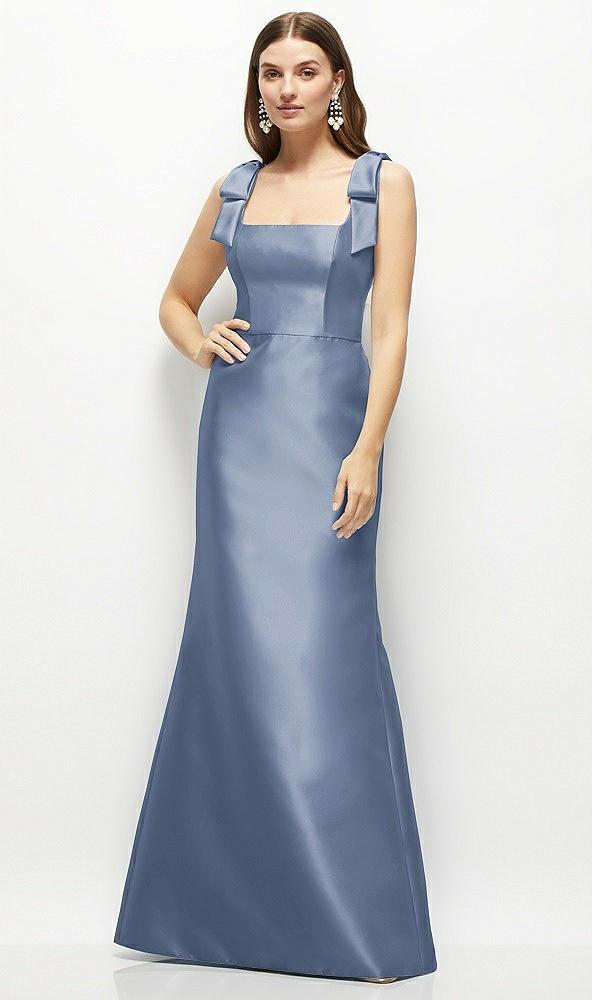satin fit and flare maxi dress with shoulder bows