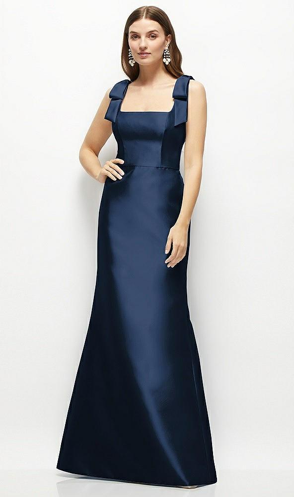 satin fit and flare maxi dress with shoulder bows