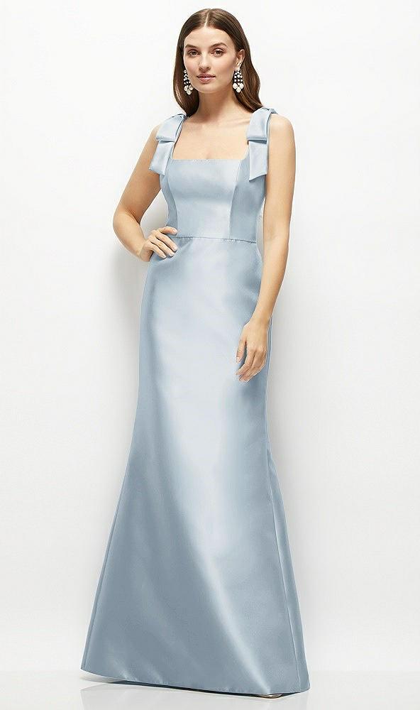 satin fit and flare maxi dress with shoulder bows