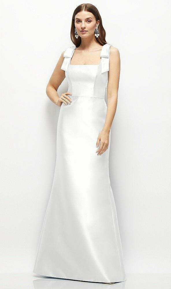 satin fit and flare maxi dress with shoulder bows