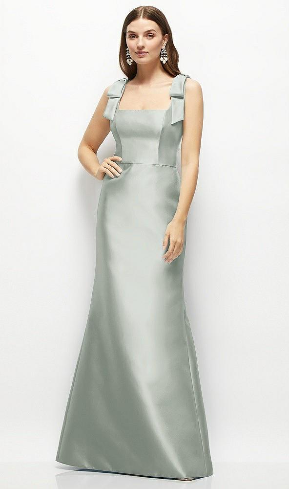 satin fit and flare maxi dress with shoulder bows