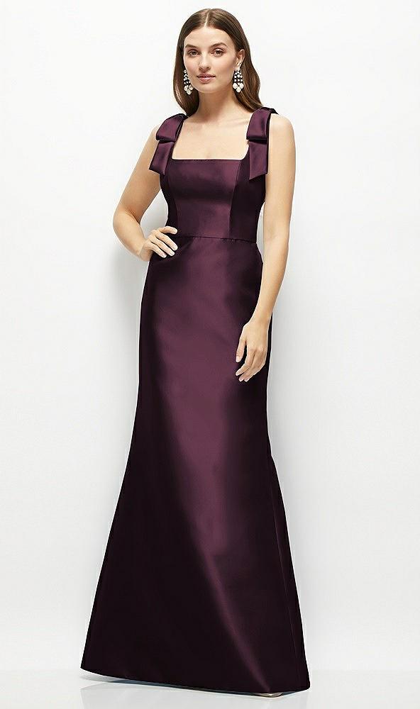 satin fit and flare maxi dress with shoulder bows