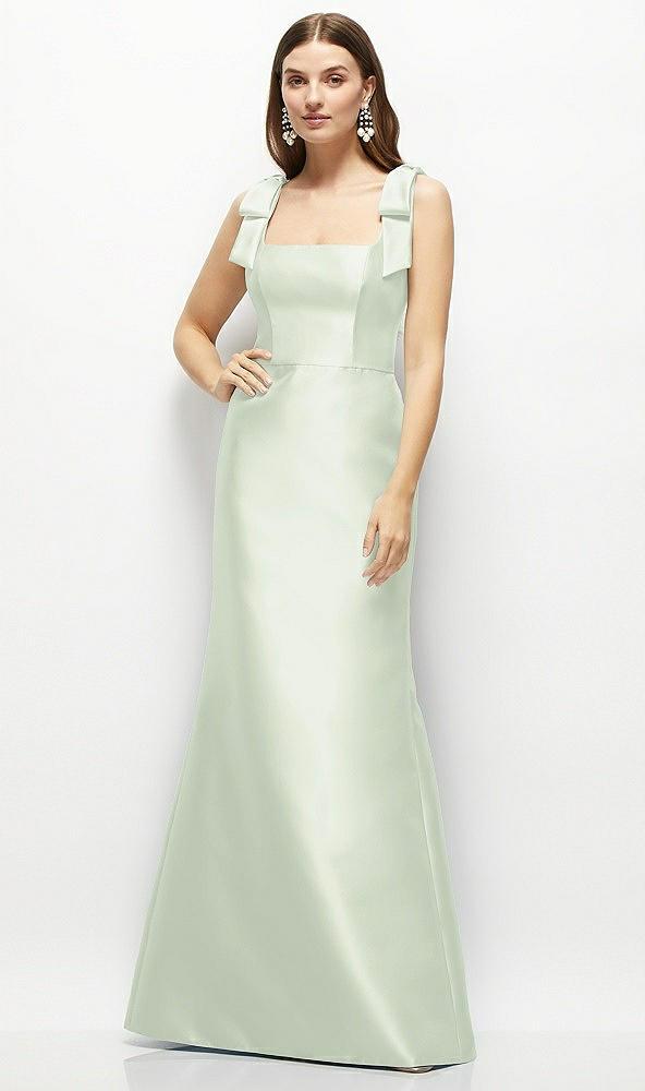 satin fit and flare maxi dress with shoulder bows