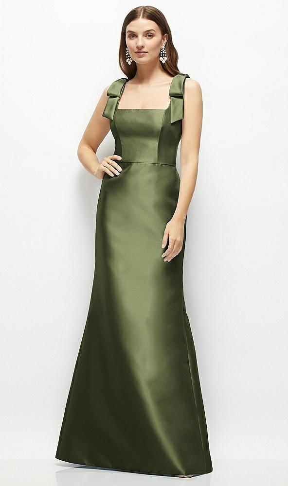 satin fit and flare maxi dress with shoulder bows