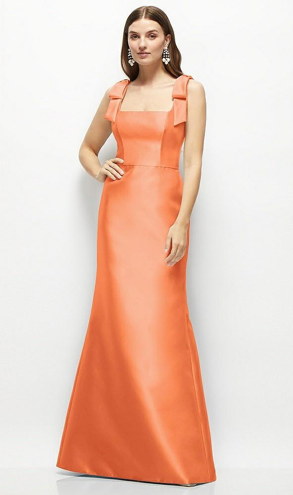 satin fit and flare maxi dress with shoulder bows