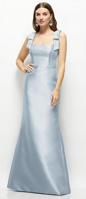 satin fit and flare maxi dress with shoulder bows