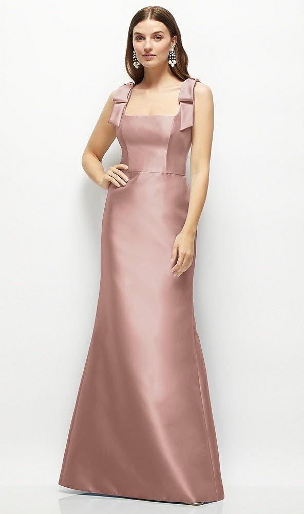 satin fit and flare maxi dress with shoulder bows