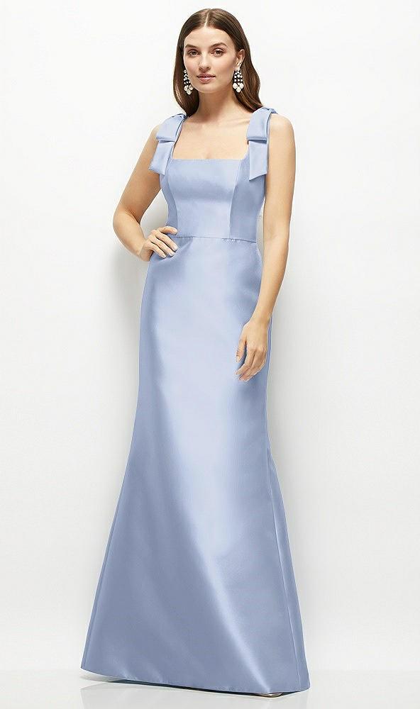 satin fit and flare maxi dress with shoulder bows
