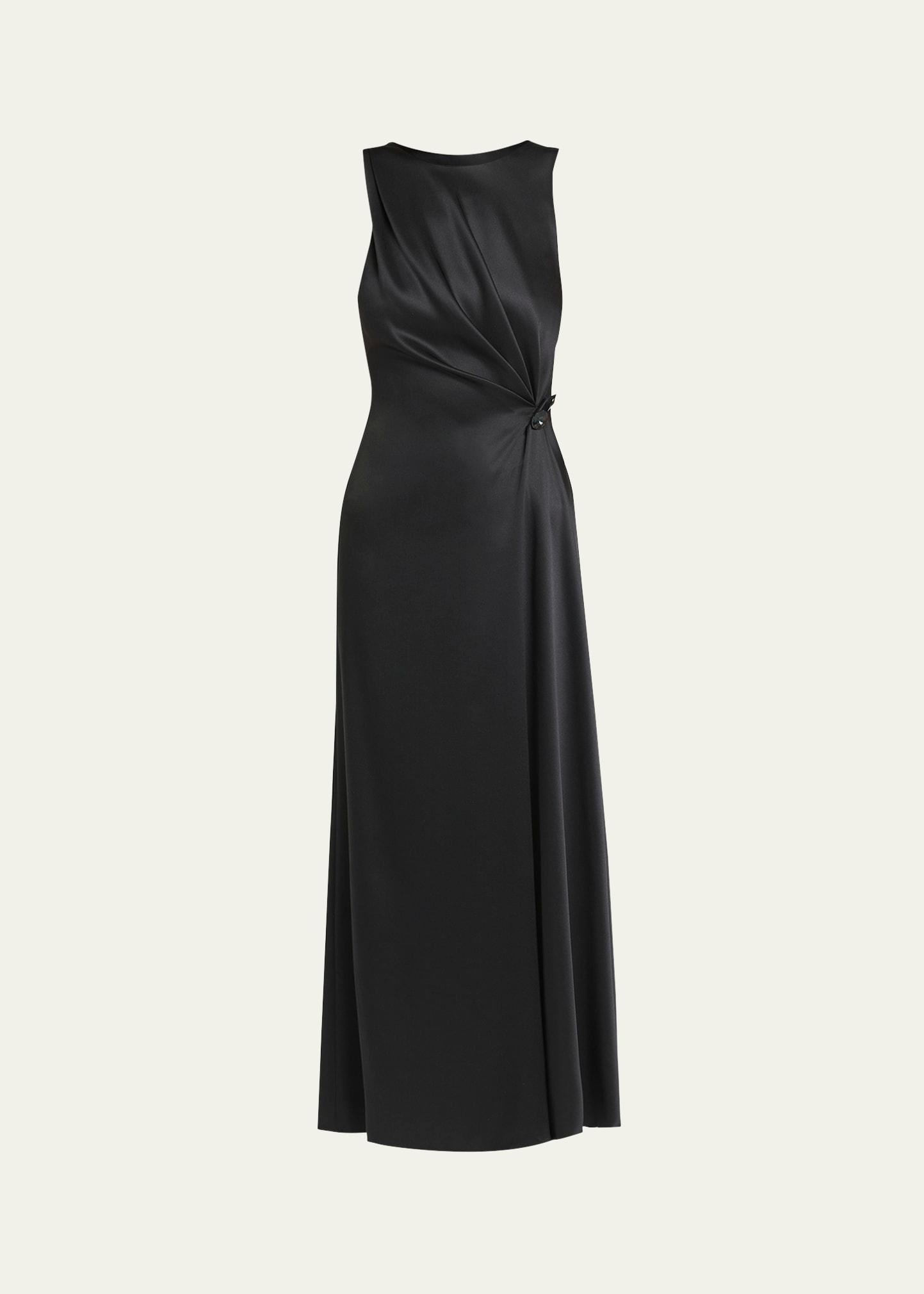 satin gown with gathered beaded hip detail