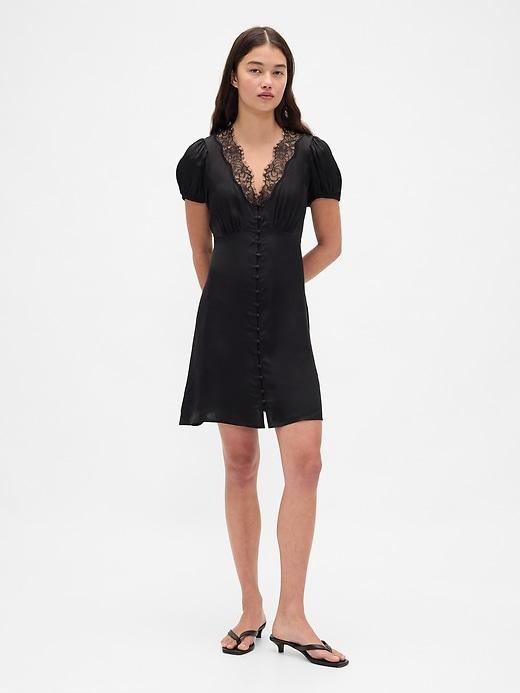 satin lace-trim v-neck mini dress