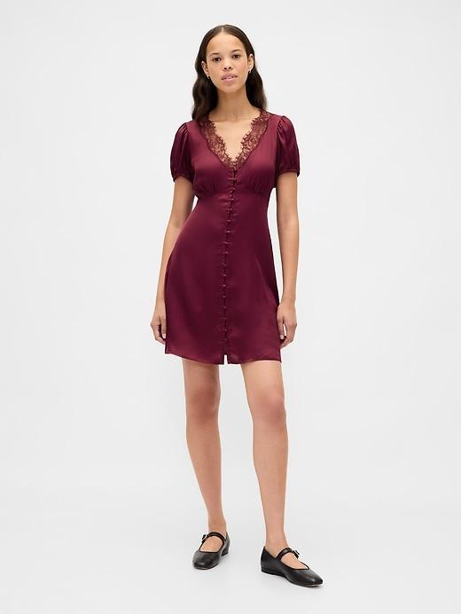 satin lace-trim v-neck mini dress