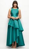 satin maxi dress with asymmetrical layered ballgown skirt