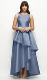 satin maxi dress with asymmetrical layered ballgown skirt