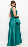 satin maxi dress with asymmetrical layered ballgown skirt